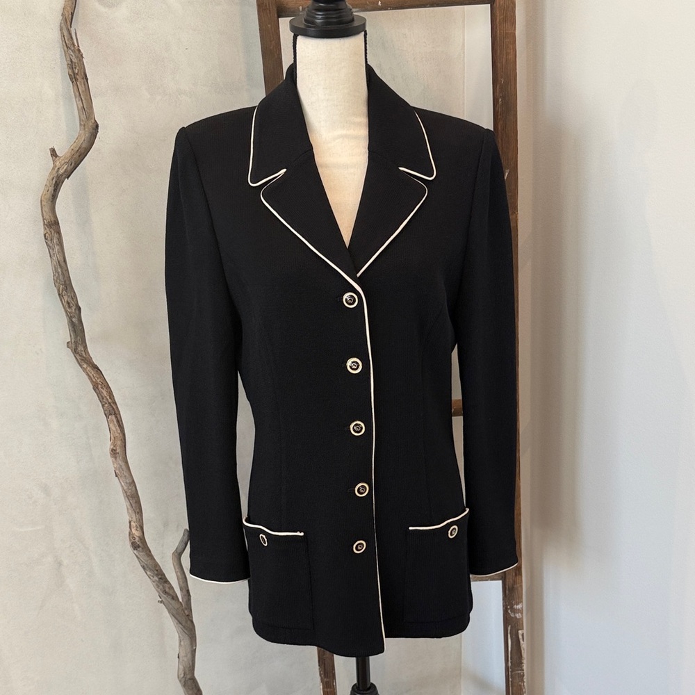 St. John Black Blazer with White Piping